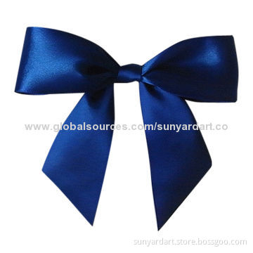 Satin ribbon pre tied bow with foam tab at back, blue colorNew